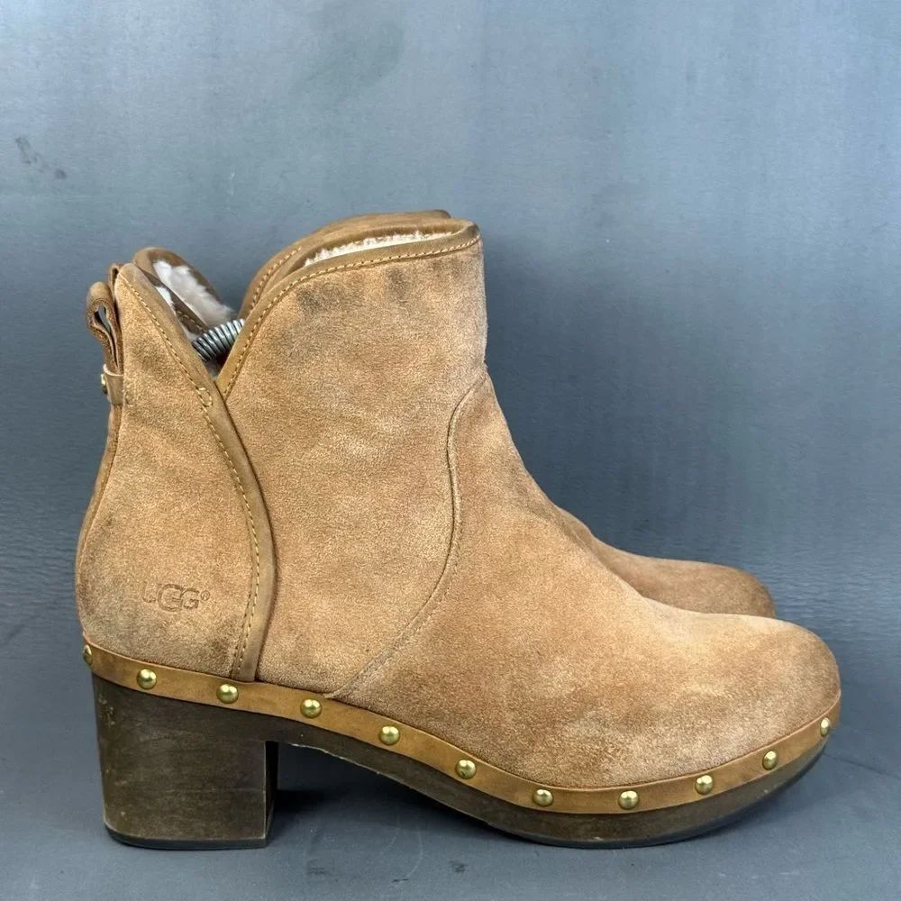 UGG Cam II Suede Sheepskin Clog Heel Ankle Booties Chestnut womens size 10